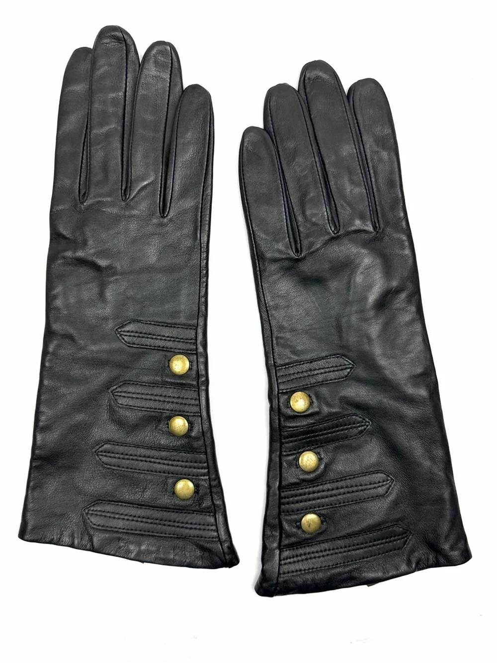 Mercer & Madison Black Leather Gloves Silk Lined XL 12” Long Brass Stud Accent